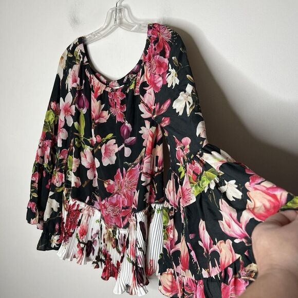 Rococo Sand Top Womens Large Floral Silk Pleated Boho Bell Sleeves Flowy Hippie - Picture 9 of 16